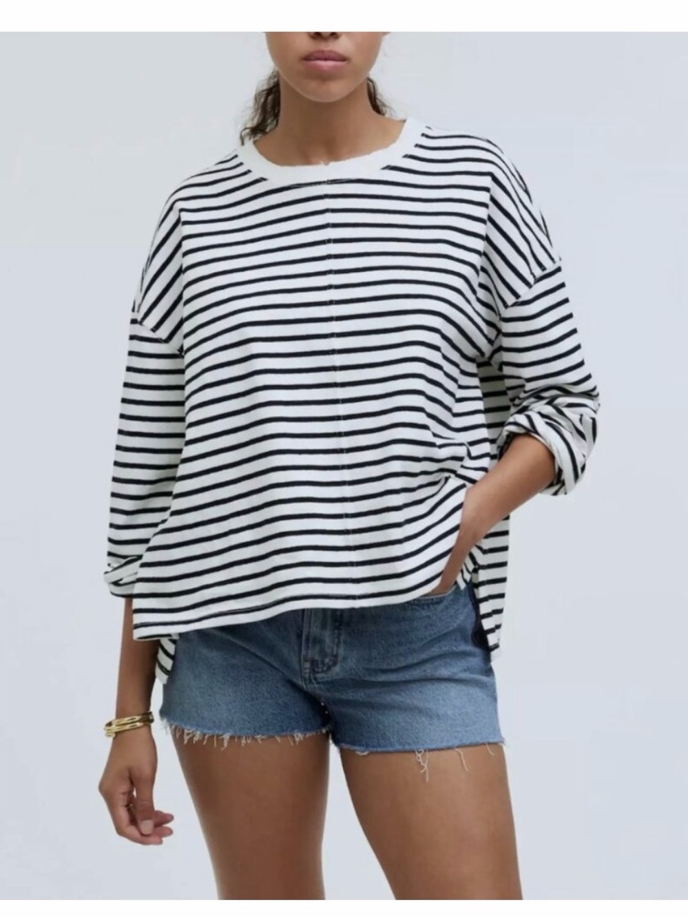 Madewell Black & White Striped Crewneck Sweatshirt